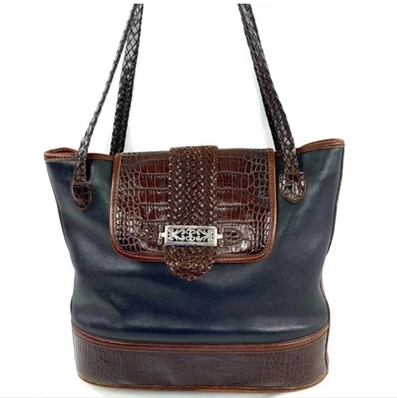 Brighton Leather Large Shoulder Bag Black Brown Woven Accents Straps Purse - Picture 1 of 11